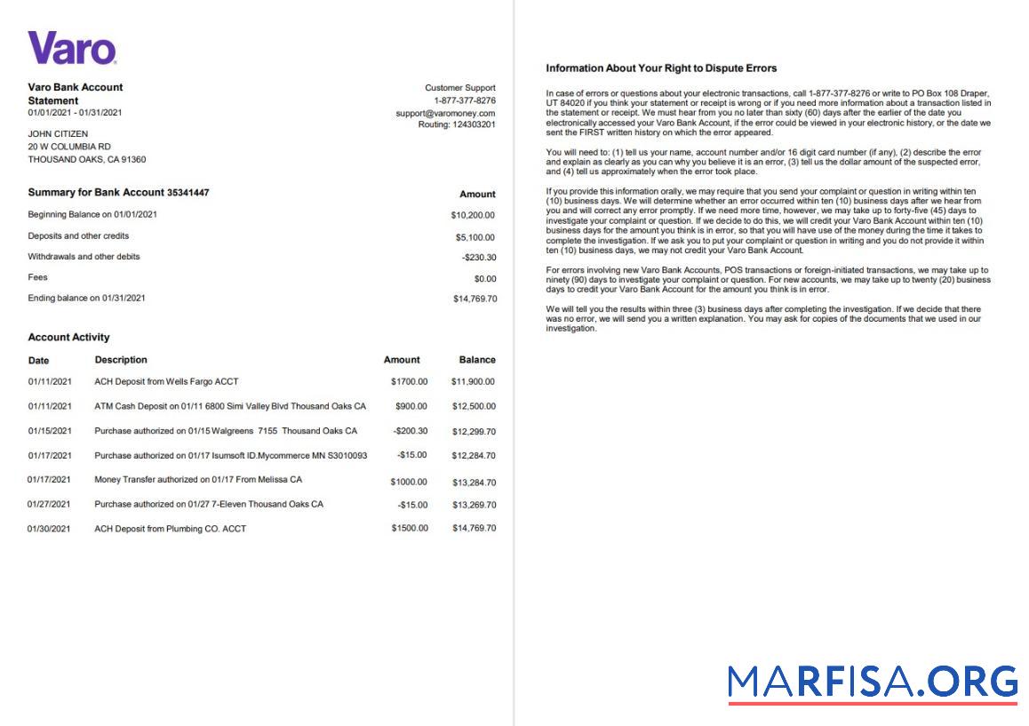 Downloadable USA California Varo bank statement word 2 pages sample